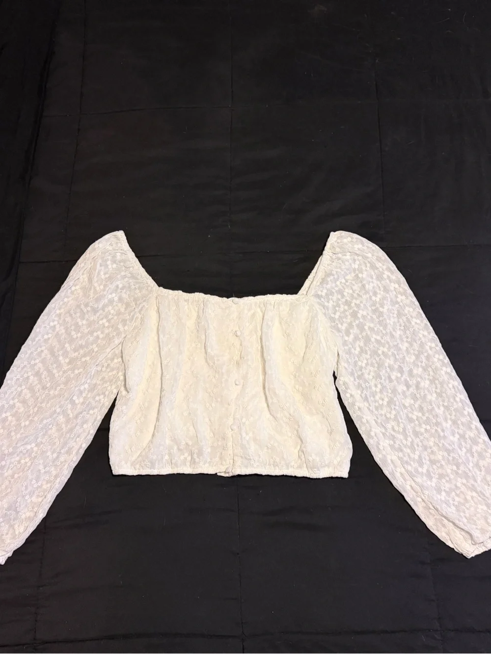 White Lace Puff-Sleeve Square-Neck Crop Top